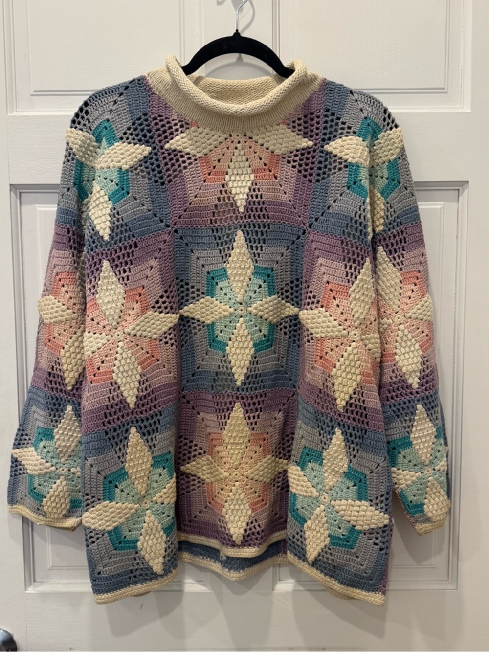Vintage Crochet 90s Star Granny Cottagecore Pastel Pink Blue Star Sweater M